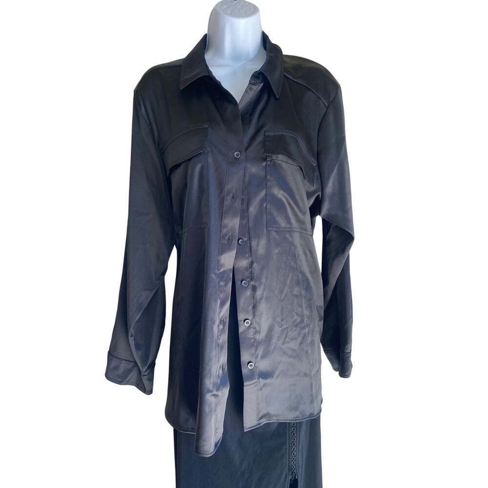 Women Plus Size XXL Soft Sheer Goth Tunic Button Up Blouse Front Pockets Black
